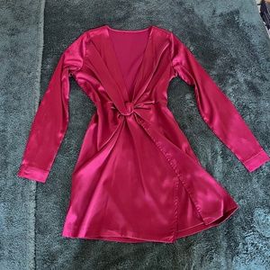 Selling a burgundy silk dress with a slit on the right side
